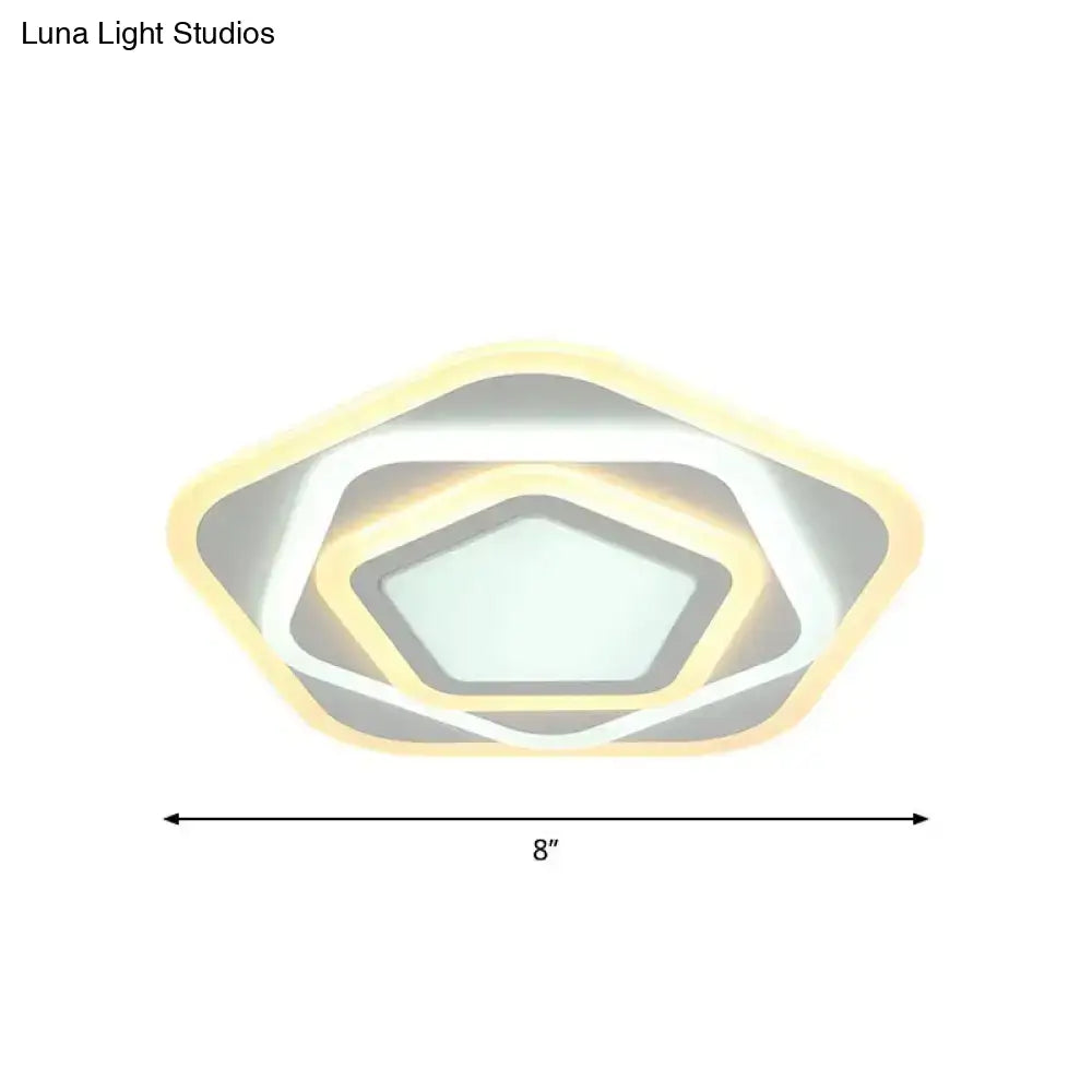Contemporary White Layered Pentagon Led Flush Light - Warm/White Ceiling Mount Lamp 8’/19.5’ Wide