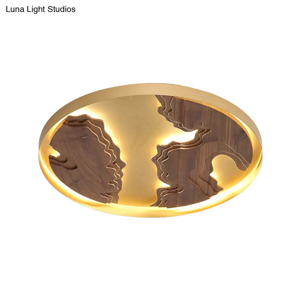 Contemporary Wood Gold/White Round Led Flush Mount Lamp For Living Room Ceiling -