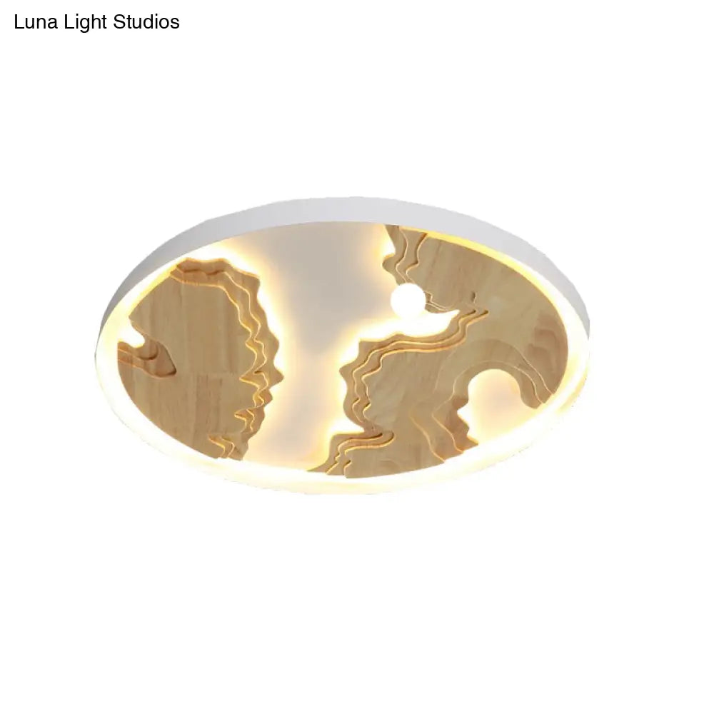 Contemporary Wood Gold/White Round Led Flush Mount Lamp For Living Room Ceiling -