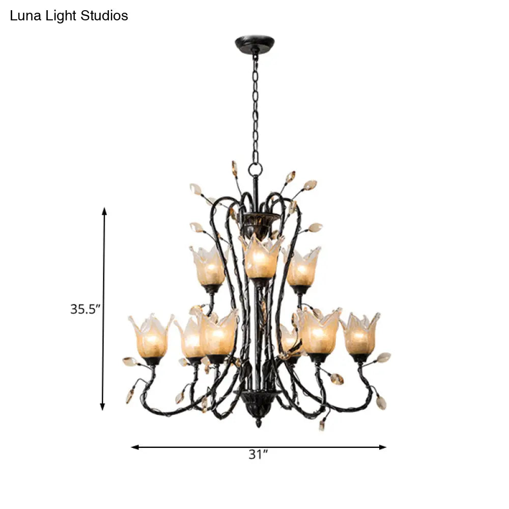 Country-Inspired Amber Glass Flower Pendant Chandelier - Black 9-Light Fixture For Dining Room