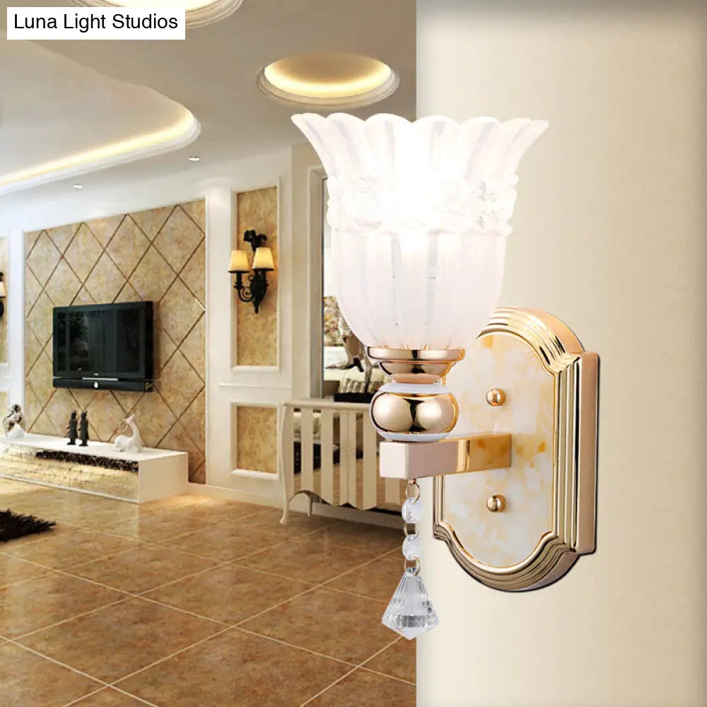Country Style Frosted Glass Floral Wall Sconce Lamp - Gold Finish Lighting Fixture For Corridor