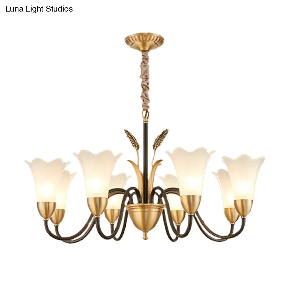Country Style Mini Flower Pendulum Chandelier With Frosted Glass And Scroll Arm In Black/Gold - 6/8