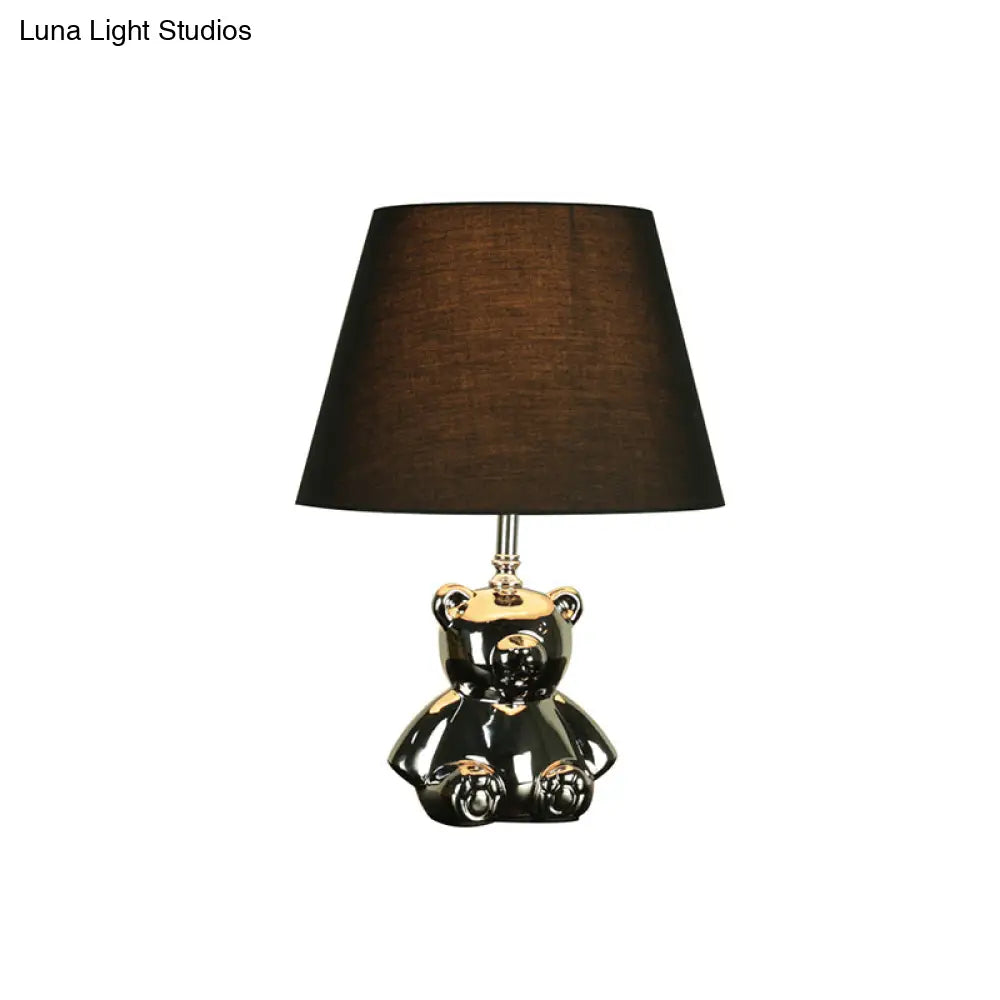 Countryside Ceramic Bear Table Light With Silver/Gold Night Lighting Tapered Drum Fabric Shade
