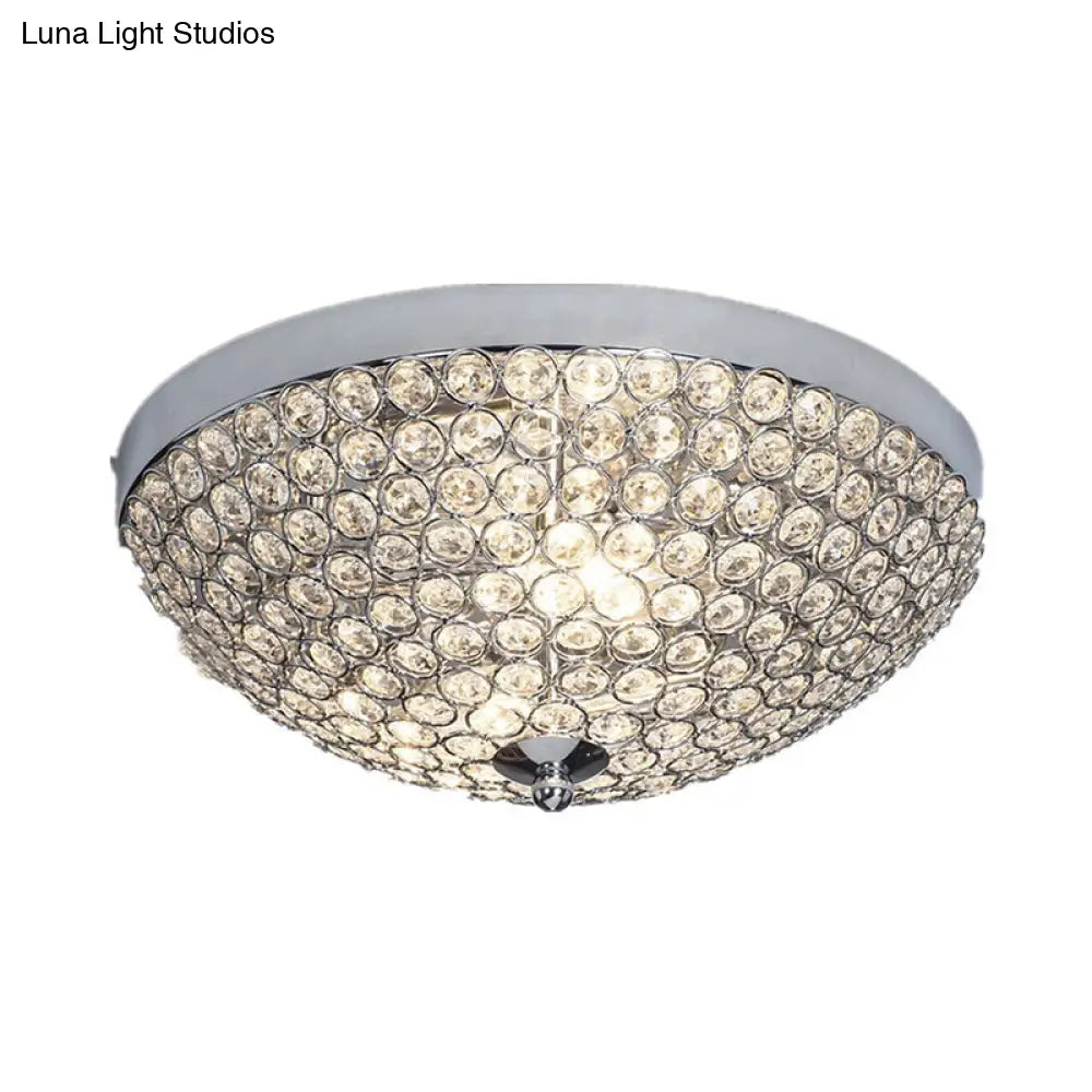 Crystal Bowl Flush Mount Ceiling Light Fixture For Elegant Dining Room - Chrome Finish