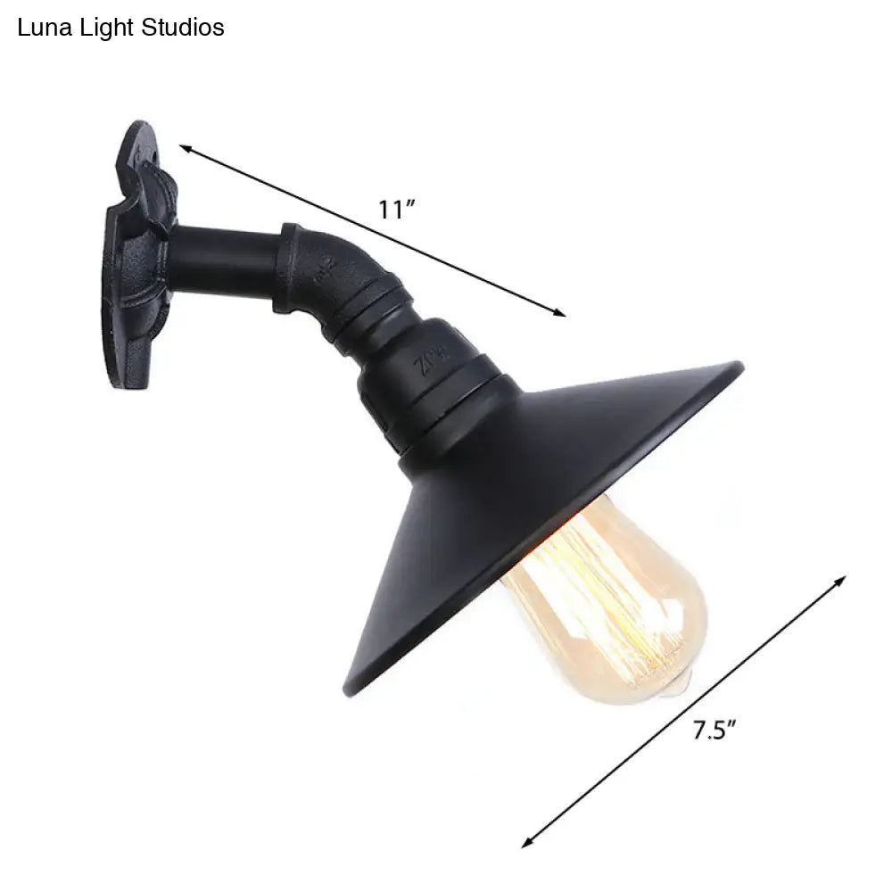 Curved Pipe Metal Wall Mount Sconce With Conic Shade - Industrial Style Hallway Lamp In Black