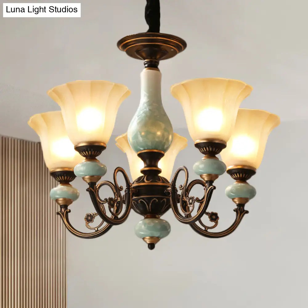 Curvy Armed Pendant Chandelier - Rural Style Black-Gold Metallic Ceiling Light With Blossom Shade
