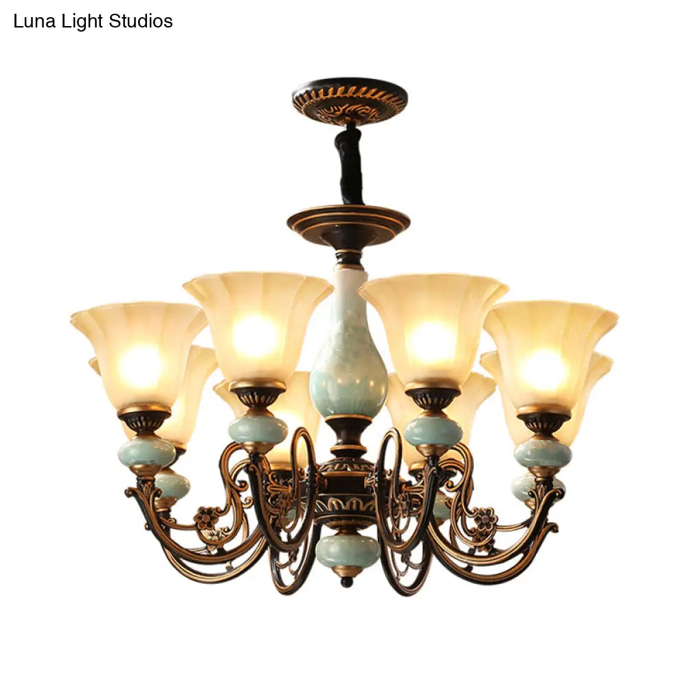 Curvy Armed Pendant Chandelier - Rural Style Black-Gold Metallic Ceiling Light With Blossom Shade