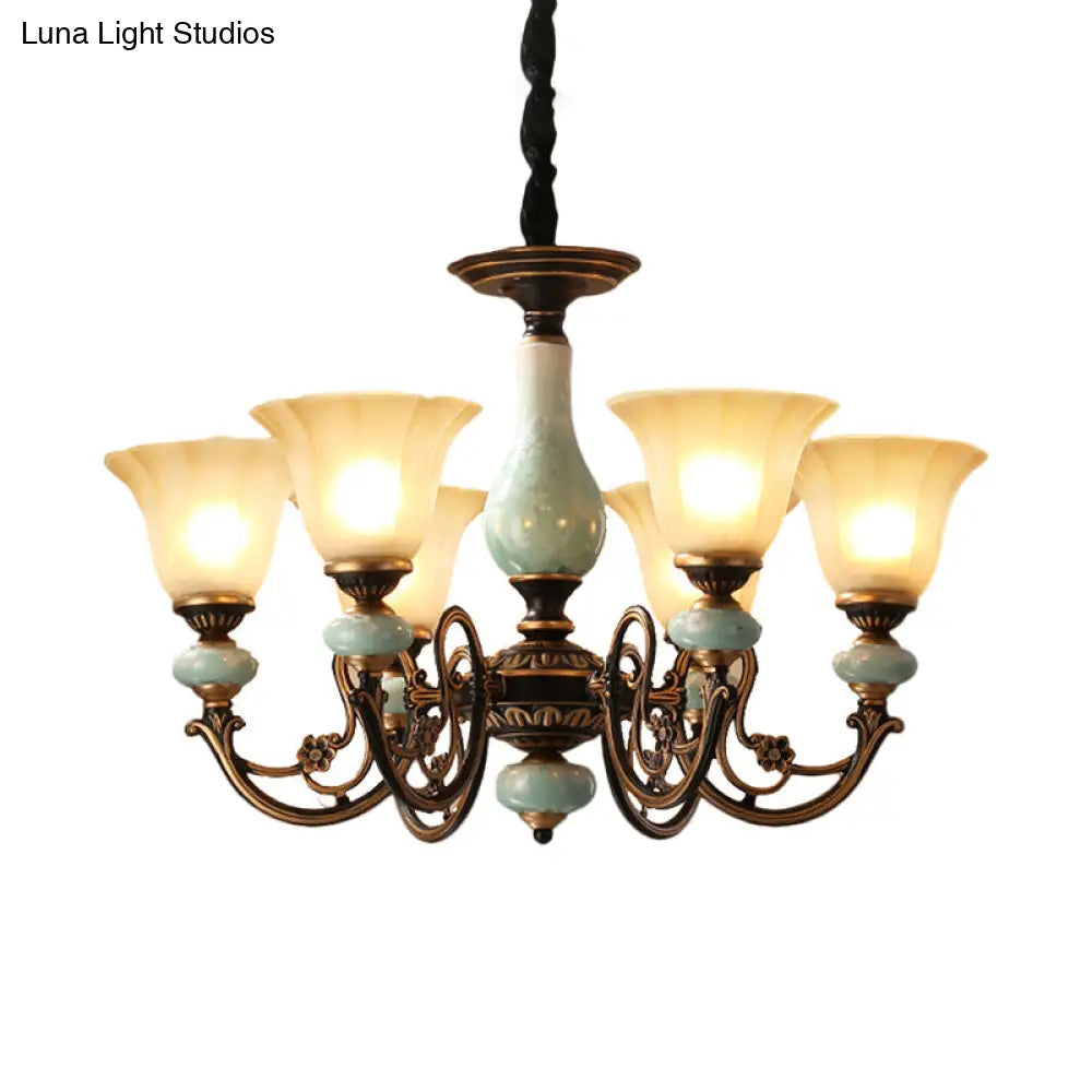 Curvy Armed Pendant Chandelier - Rural Style Black-Gold Metallic Ceiling Light With Blossom Shade