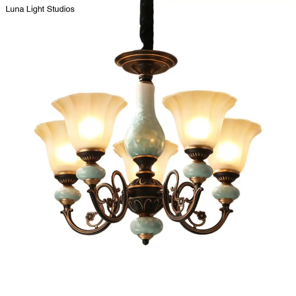 Curvy Armed Pendant Chandelier - Rural Style Black-Gold Metallic Ceiling Light With Blossom Shade