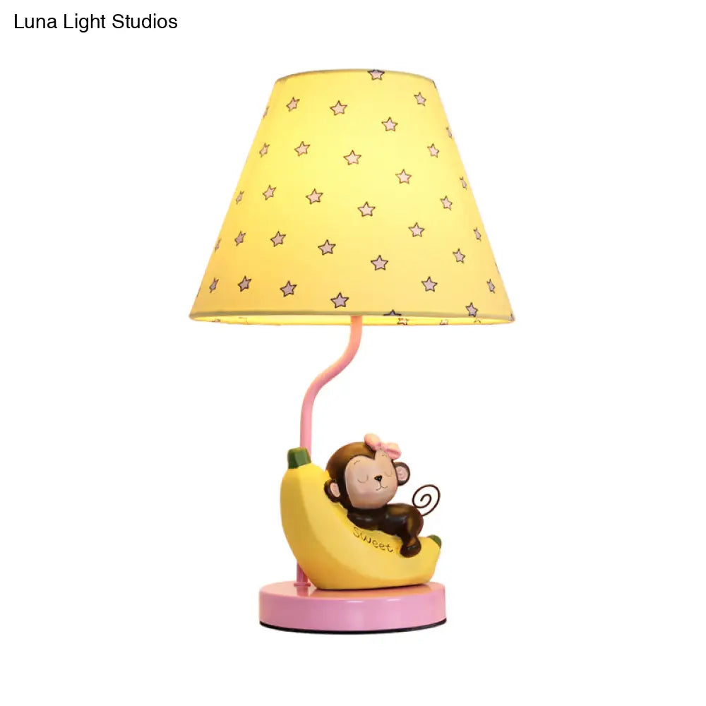 Cute Blue Banana & Monkey Table Lamp For Girls Bedroom - Metal Light Single Head