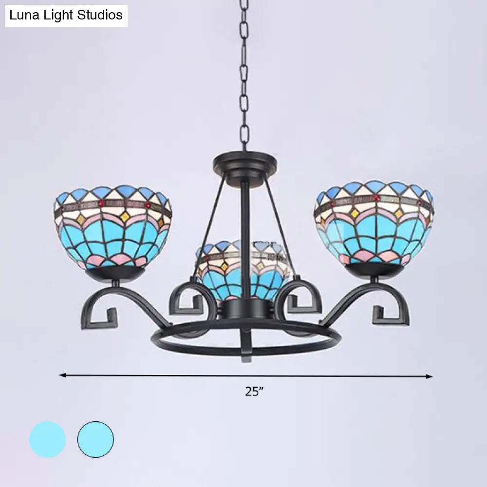 Dome Hanging Chandelier With Blue And Clear Glass Baroque Design - 3/6/8 Lights Perfect For Living