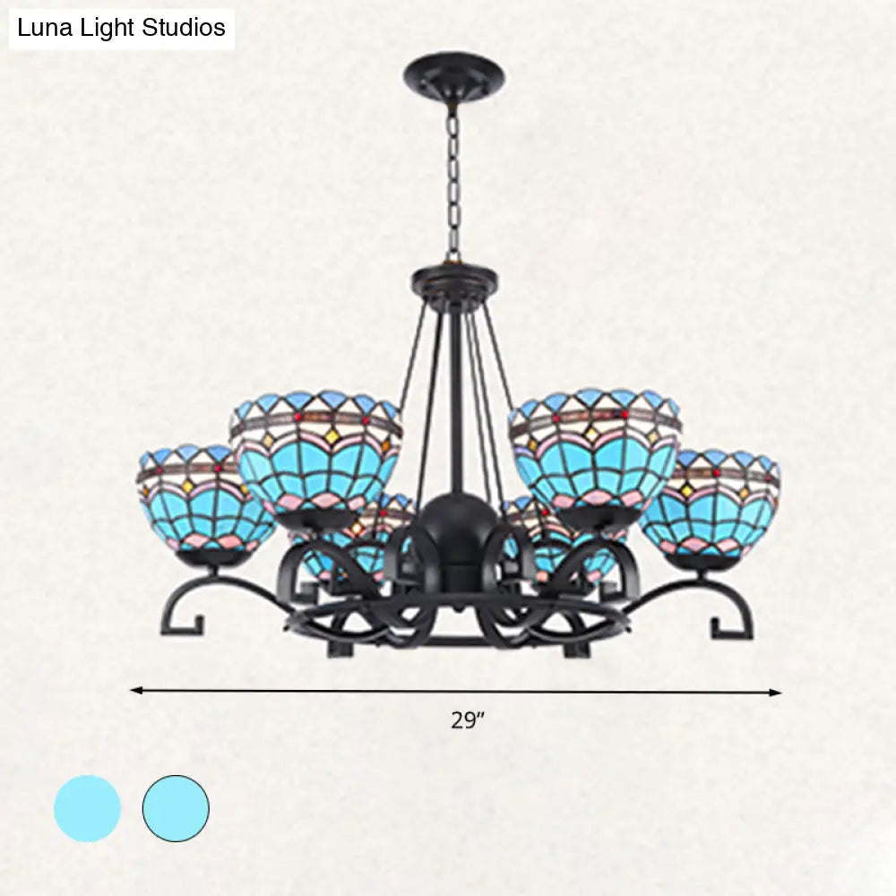 Dome Hanging Chandelier With Blue And Clear Glass Baroque Design - 3/6/8 Lights Perfect For Living