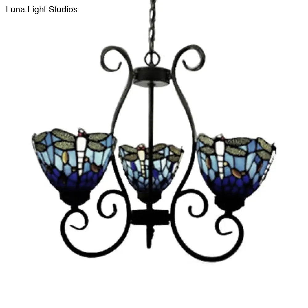Dragonfly Chandelier Pendant Light - Stained Glass Loft Lighting In Red/Blue For Living Room