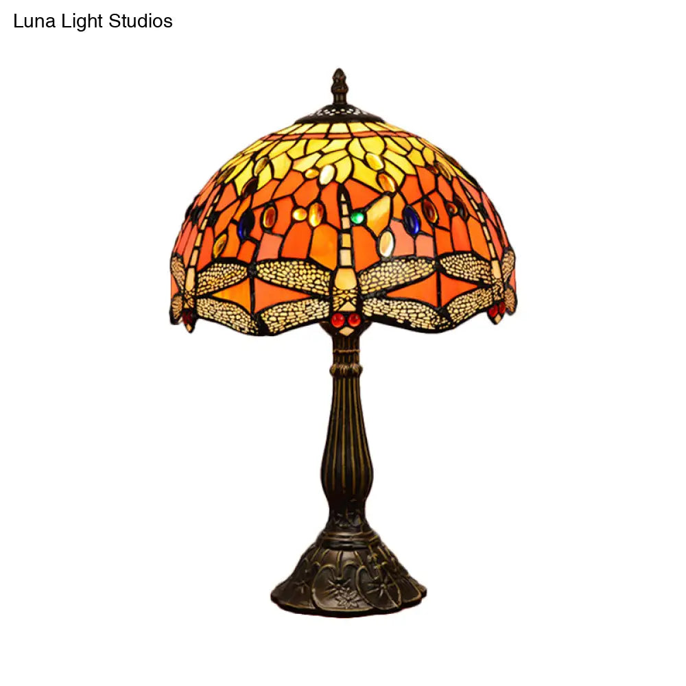 Dragonfly Stained Glass Tiffany Night Lamp - Elegant 1-Head Table Light In White/Yellow/Orange For