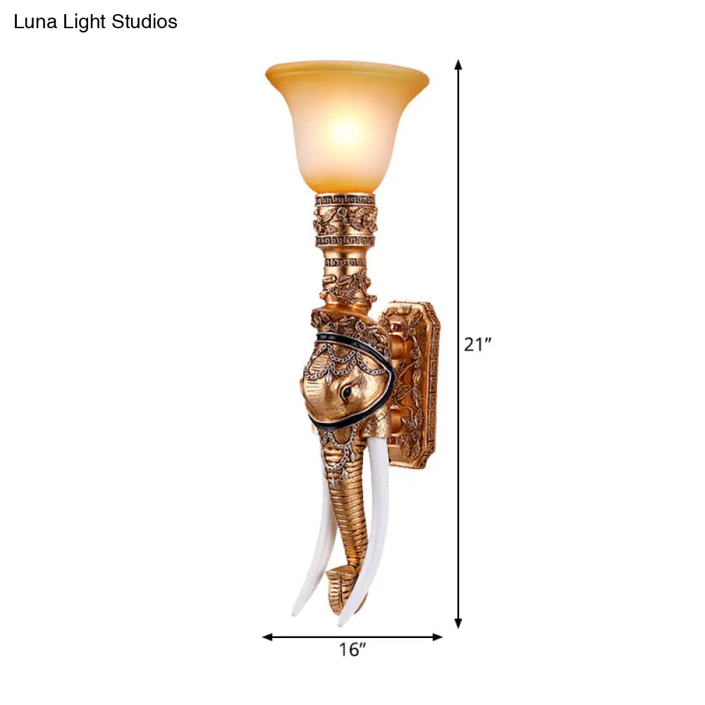 Elephant Head Wall Sconce Light - Gold Resin Traditional With Frosted Glass Shade