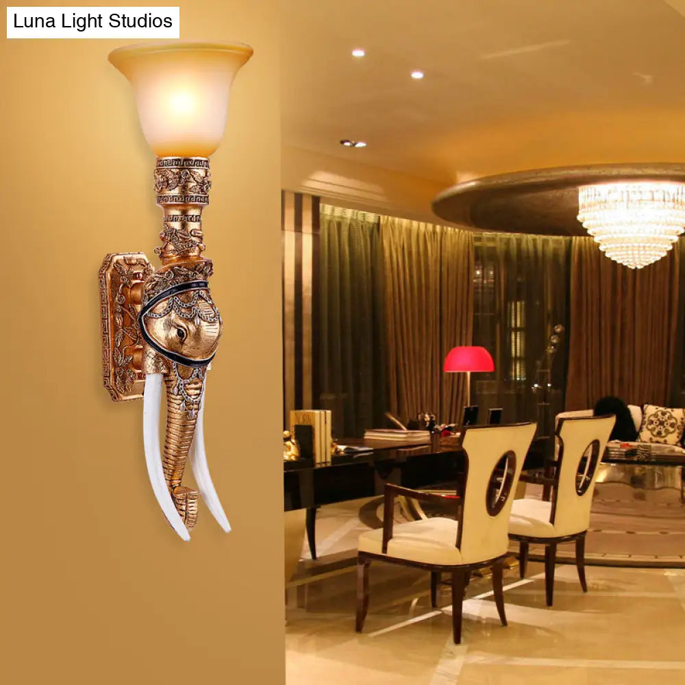 Elephant Head Wall Sconce Light - Gold Resin Traditional With Frosted Glass Shade