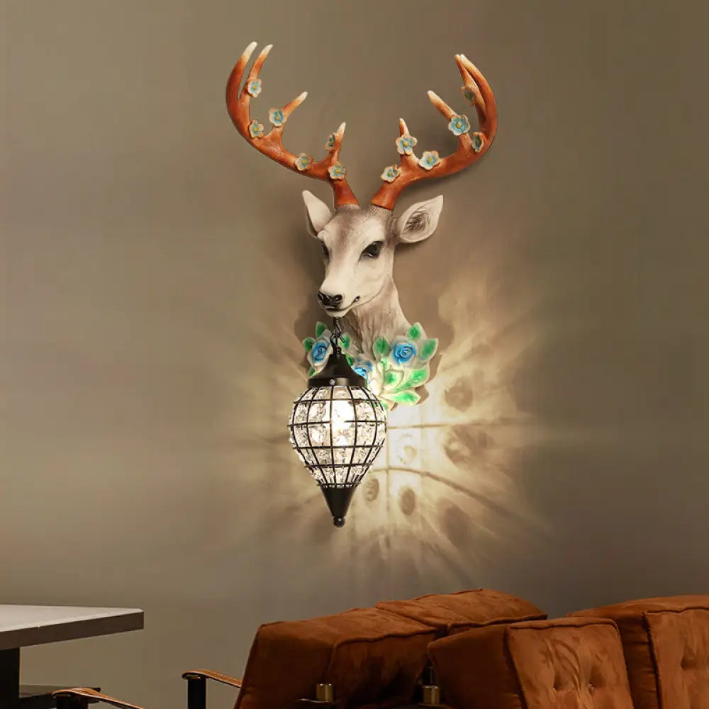 Elk Head Farmhouse Sconce: 1-Light Black & White Resin Wall Lamp With Flower Detail And Raindrop