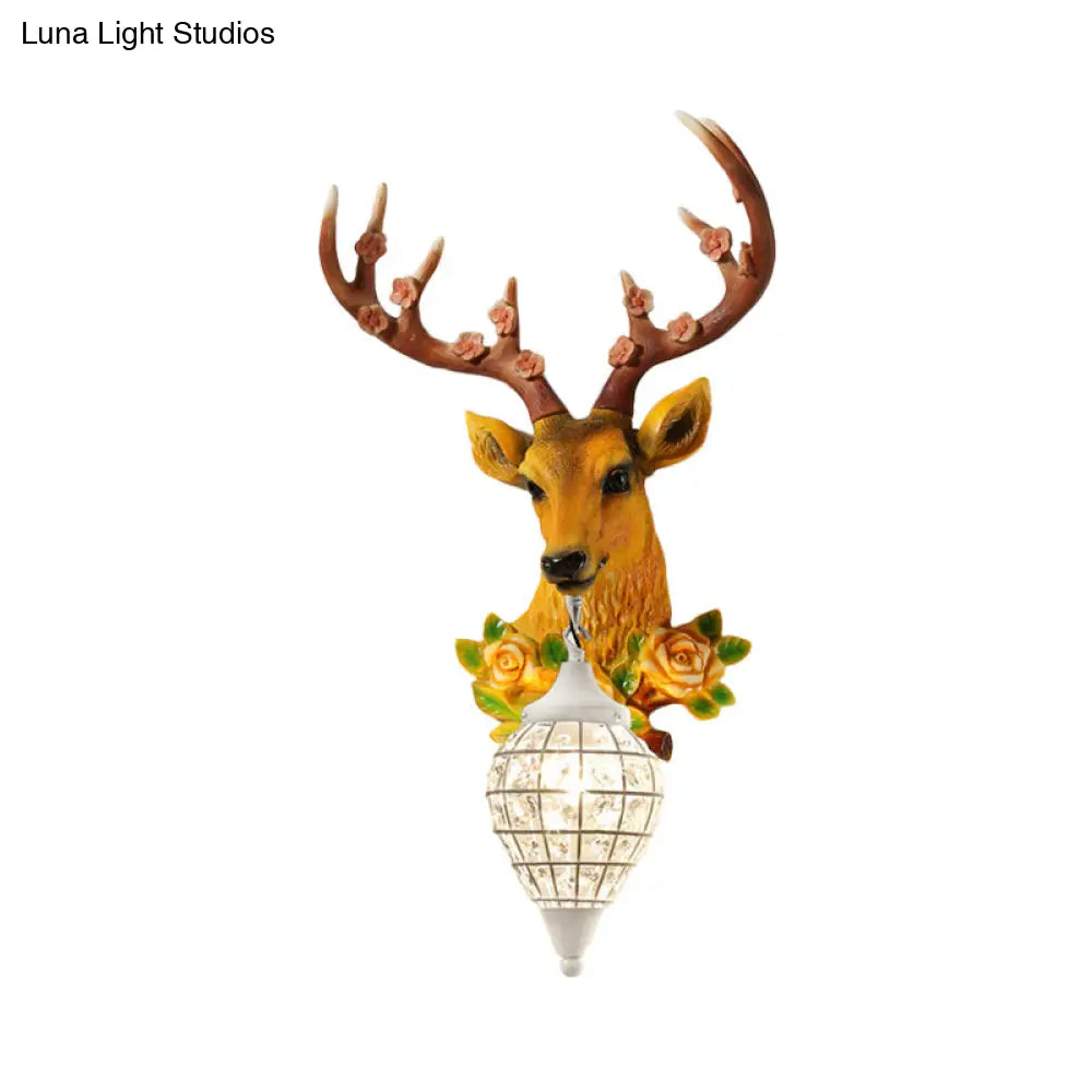 Elk Head Farmhouse Sconce: 1-Light Black & White Resin Wall Lamp With Flower Detail And Raindrop