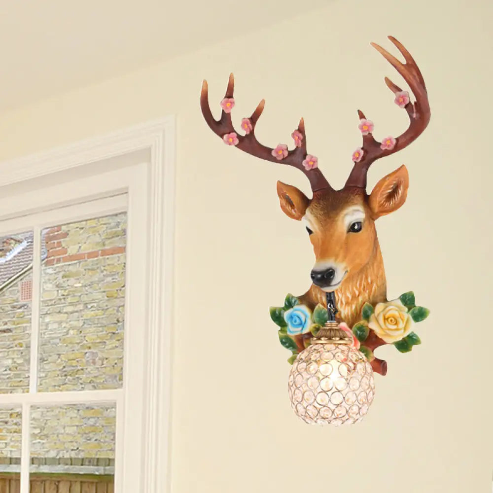 Elk Head Wall Sconce With Crystal Globe Shade Rustic White/Wood Finish And Flower Designs