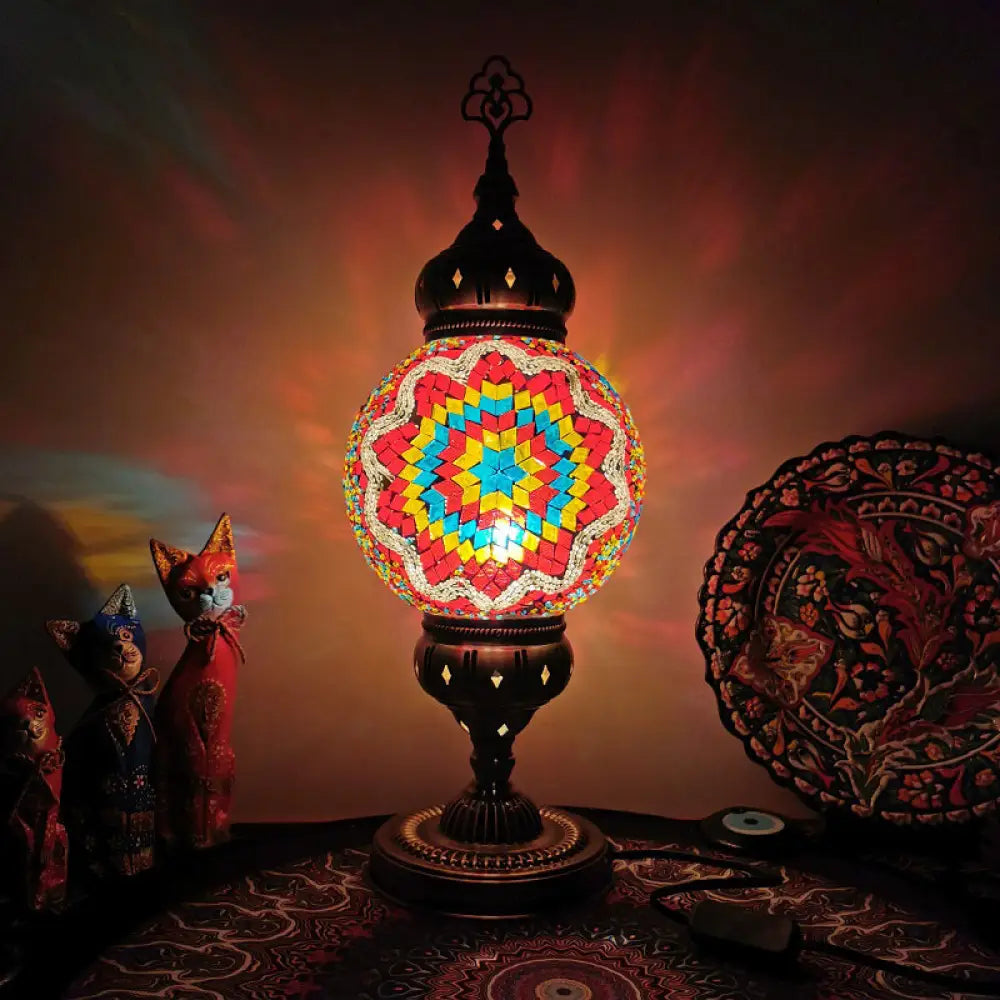 Ellie - Handcrafted Vintage Glass Ball Desk Lamp | 1 Head Nightstand Light In Red-Yellow