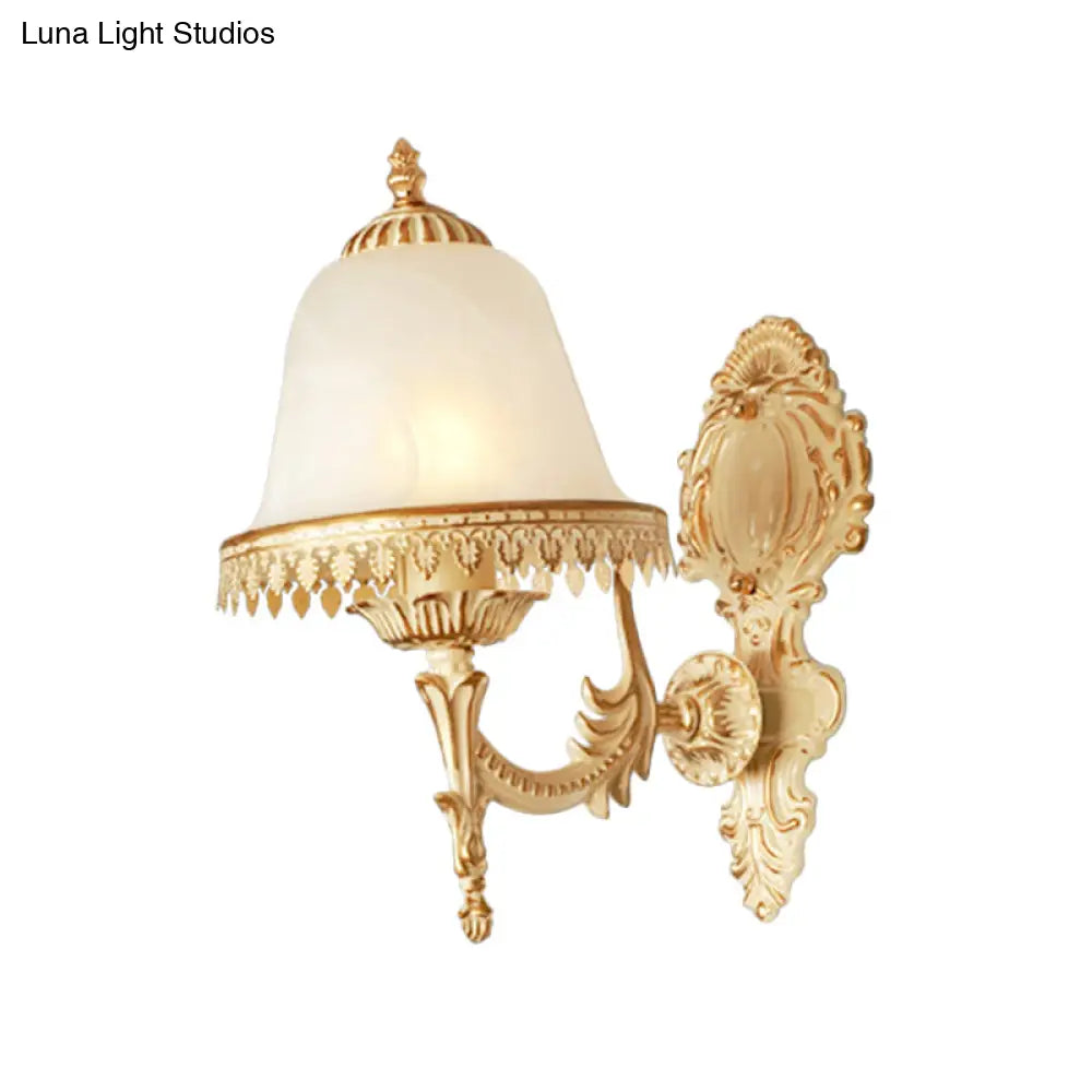 Farmhouse Beige Bell Wall Lamp With Opal Glass And Carved Trim - Perfect Bedroom Sconce