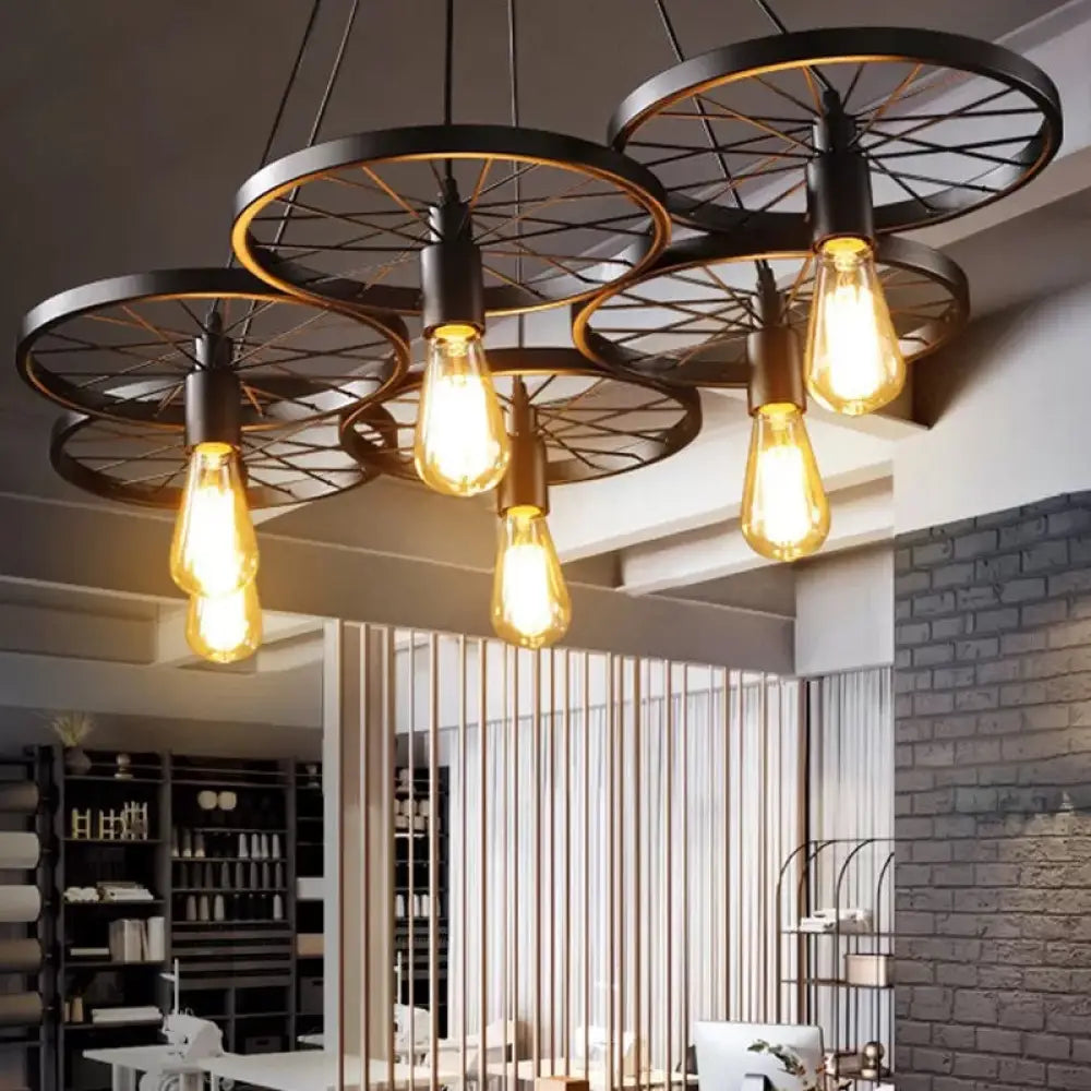 Farmhouse Black Wheel Chandelier Pendant Lamp (3/6-Light Iron Hanging Bistro Ceiling Fixture) 6 /