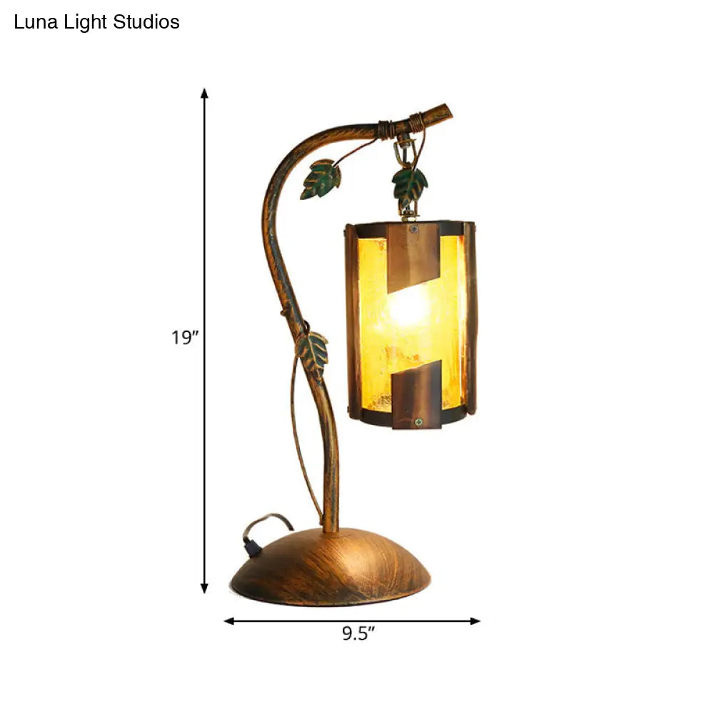 Farmhouse Brass Finish Desk Lamp With Yellow Crackle Glass Shade And Metal Branch Arm