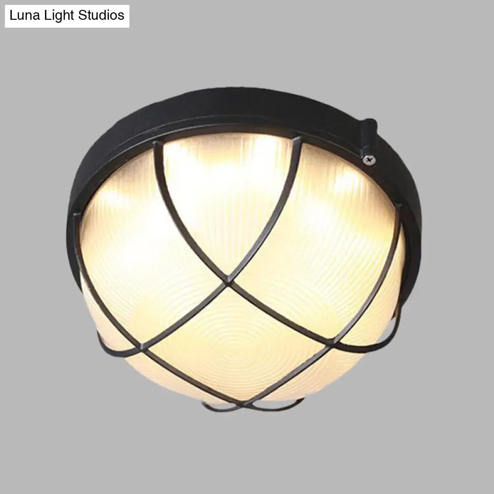 Farmhouse Flush Ceiling Lamp: 1-Light Dome Fixture Frosted Glass White/Black – Bedroom Lighting