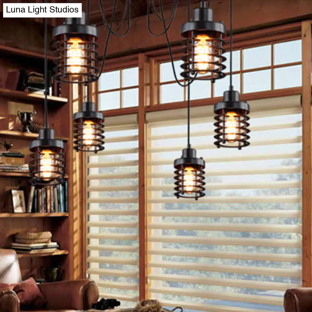 Farmhouse Style 6-Light Black Iron Ceiling Fixture With Cylinder Cage Shade And Spider Design