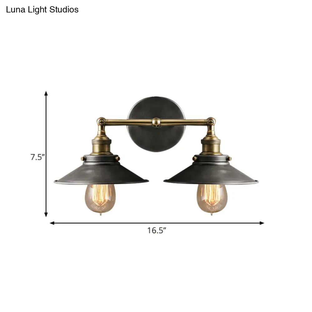 Farmhouse Style Wrought Iron Wall Sconce With Antique Black Conical Shade 2 Heads For A Vintage Look