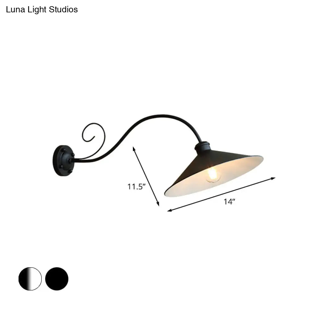 Flared Outdoor Wall Light - Antiqued 1-Light Metal Sconce Lamp With Curved Arm Black/Black & White