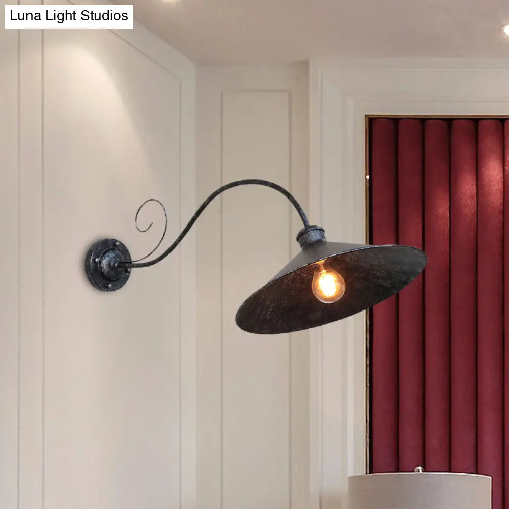 Flared Outdoor Wall Light - Antiqued 1-Light Metal Sconce Lamp With Curved Arm Black/Black & White