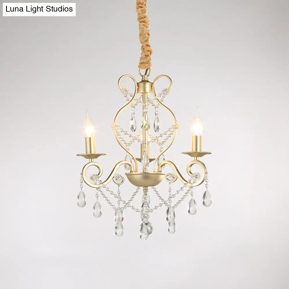 French Country Candle Chandelier Metal Pendant Light With Crystal Bead Accents In Gold 3/6/8 Lights
