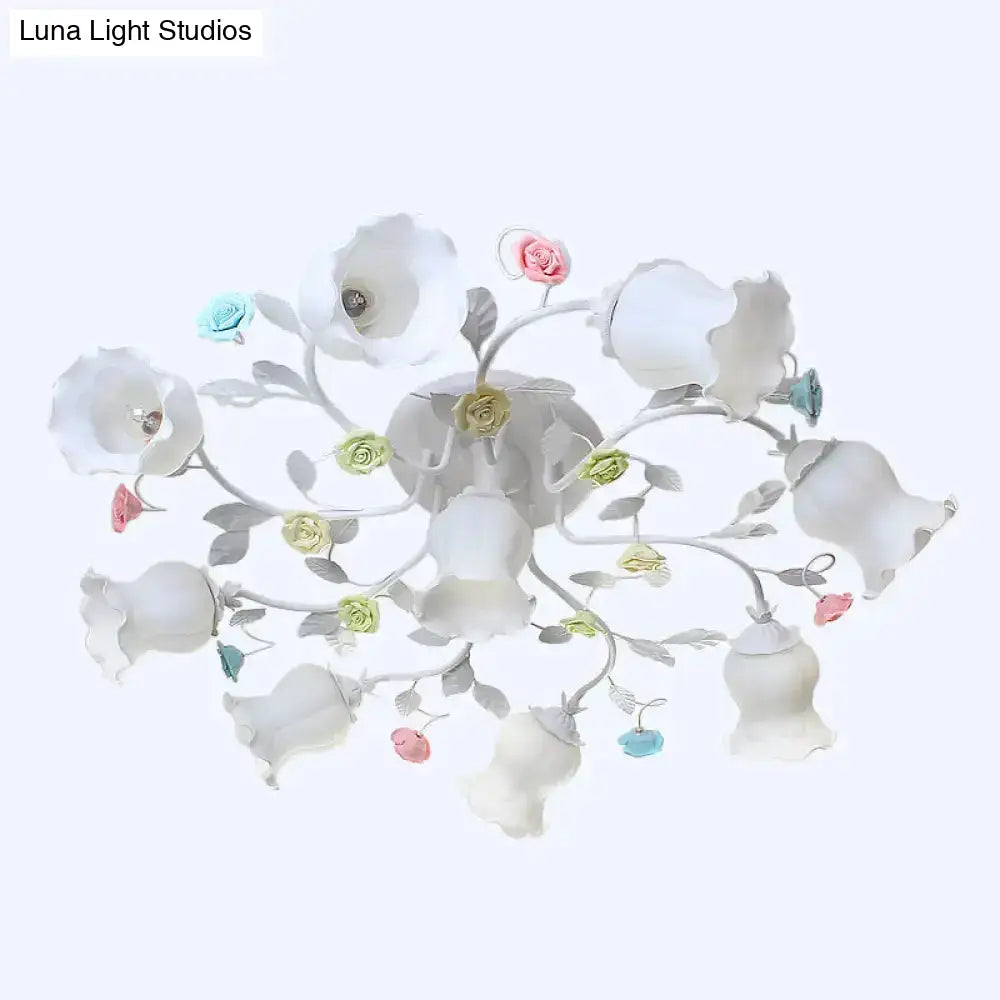 Frosted Cream Glass Ruffle Ceiling Light - 9 Lights Semi Flush Mounted Lamp For Bedrooms Pink/Green