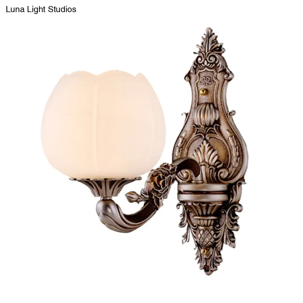 Frosted Glass Bloom Wall Light Vintage Sconce For Living Room With Curved Arm In Coffee
