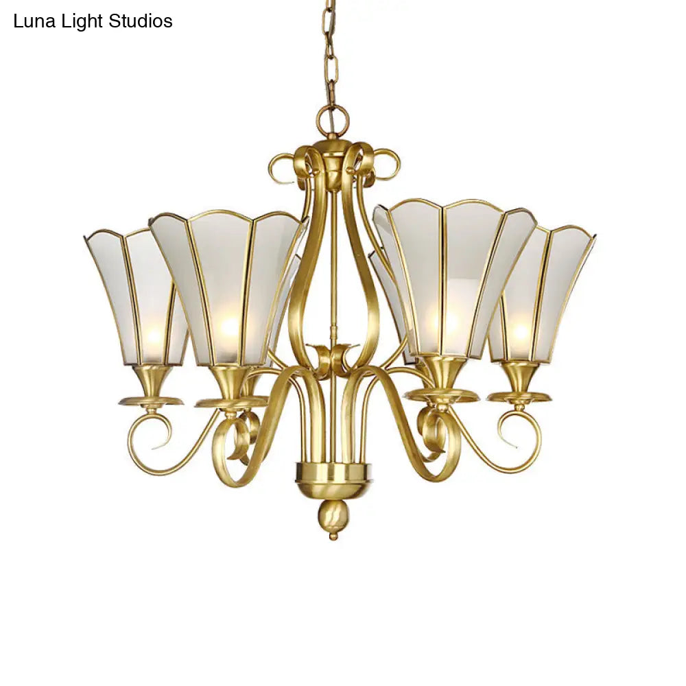 Frosted Glass Floral Pendant Chandelier - White Colonialist Design Brass Finish 6 Lights Ideal For