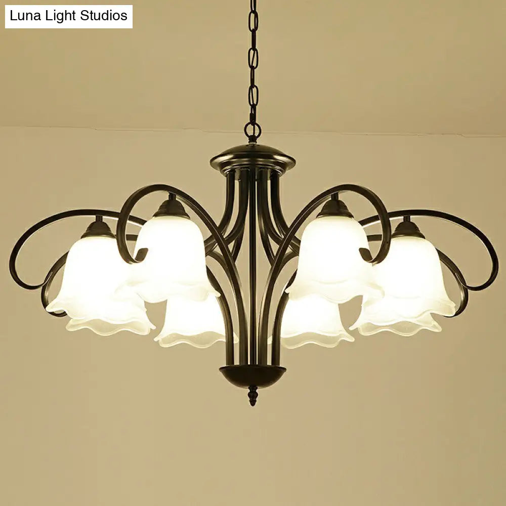 Frosted White Glass Floral Chandelier - Country Style Bedroom Ceiling Suspension Lamp (Black)