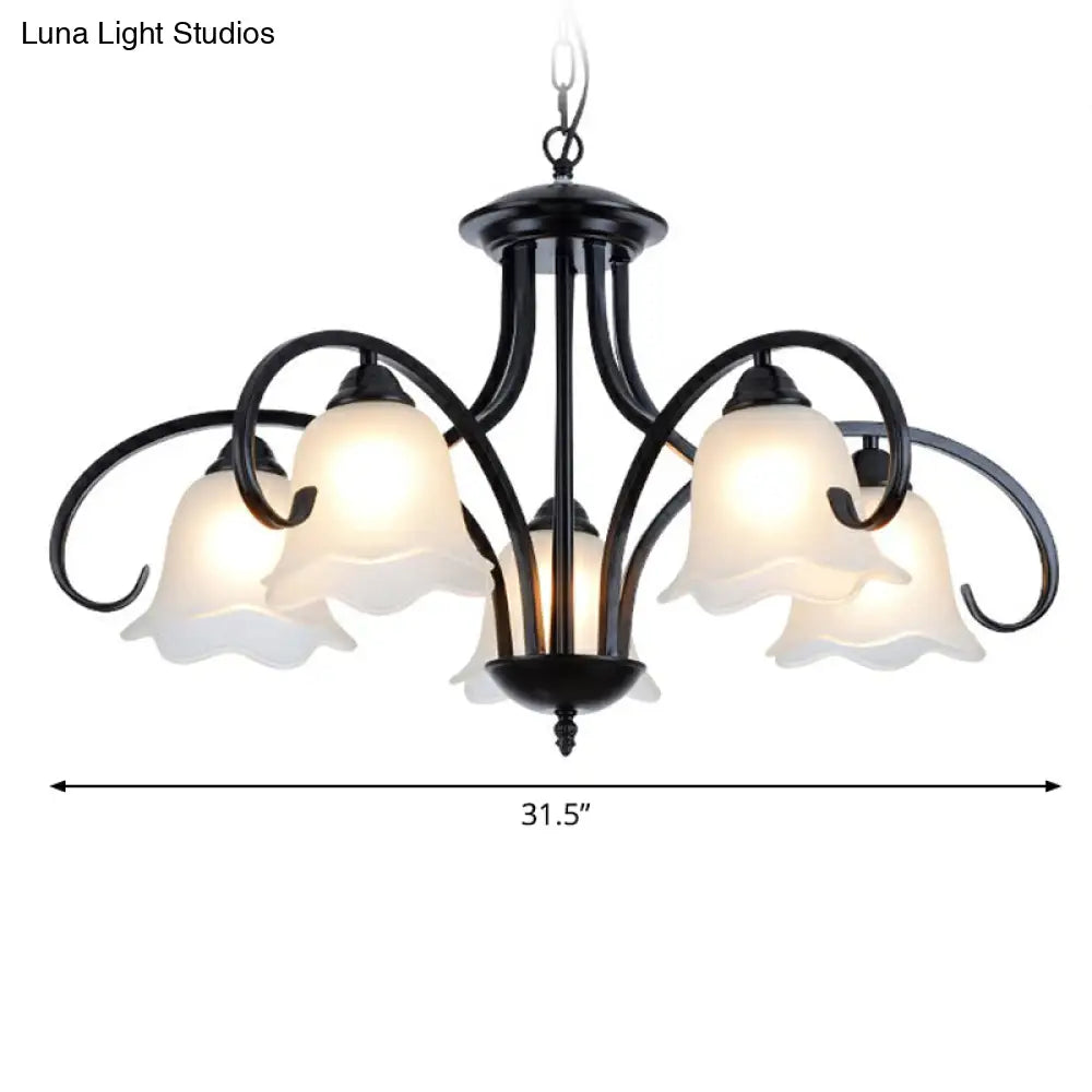 Frosted White Glass Floral Chandelier - Country Style Bedroom Ceiling Suspension Lamp (Black)