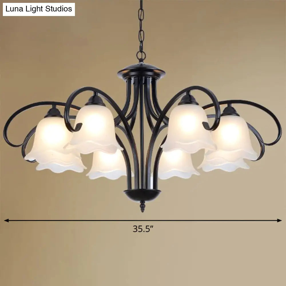 Frosted White Glass Floral Chandelier - Country Style Bedroom Ceiling Suspension Lamp (Black)