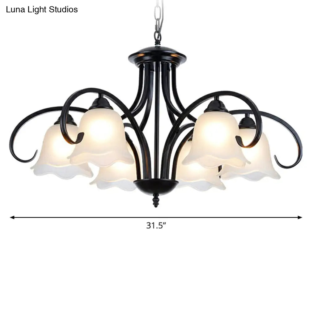 Frosted White Glass Floral Chandelier - Country Style Bedroom Ceiling Suspension Lamp (Black)