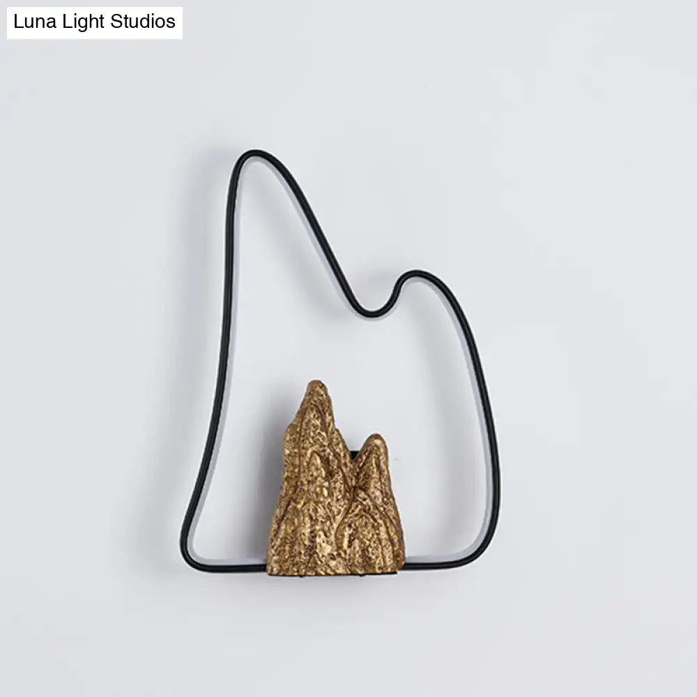 Geometric Ironic Mural Light: Led Oriental Black-Gold Wall Lamp With Mountain Pattern