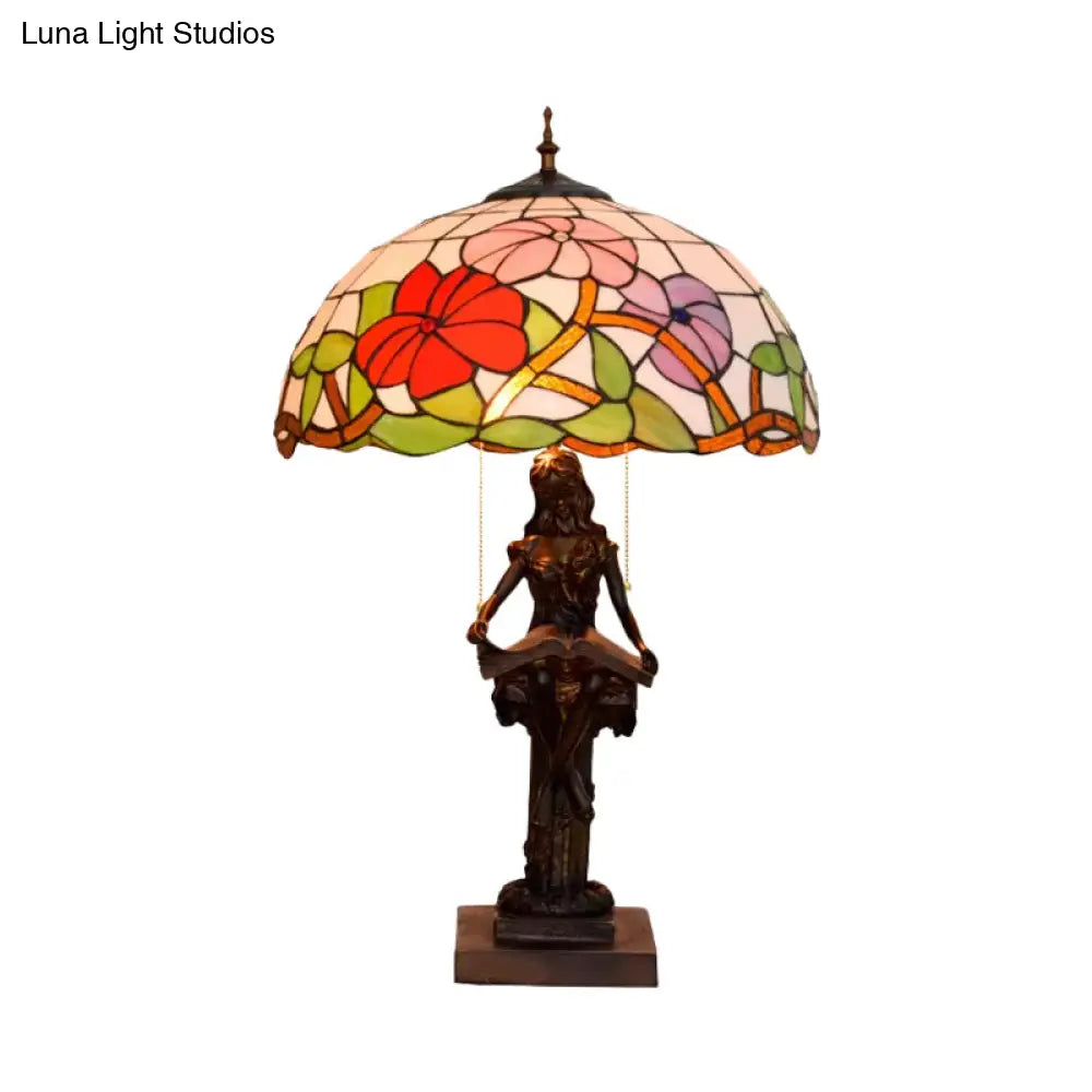 Girl Reading Book Table Lamp - Resin Pull-Chain Nightstand Light With Sunflower Red/Orange Glass