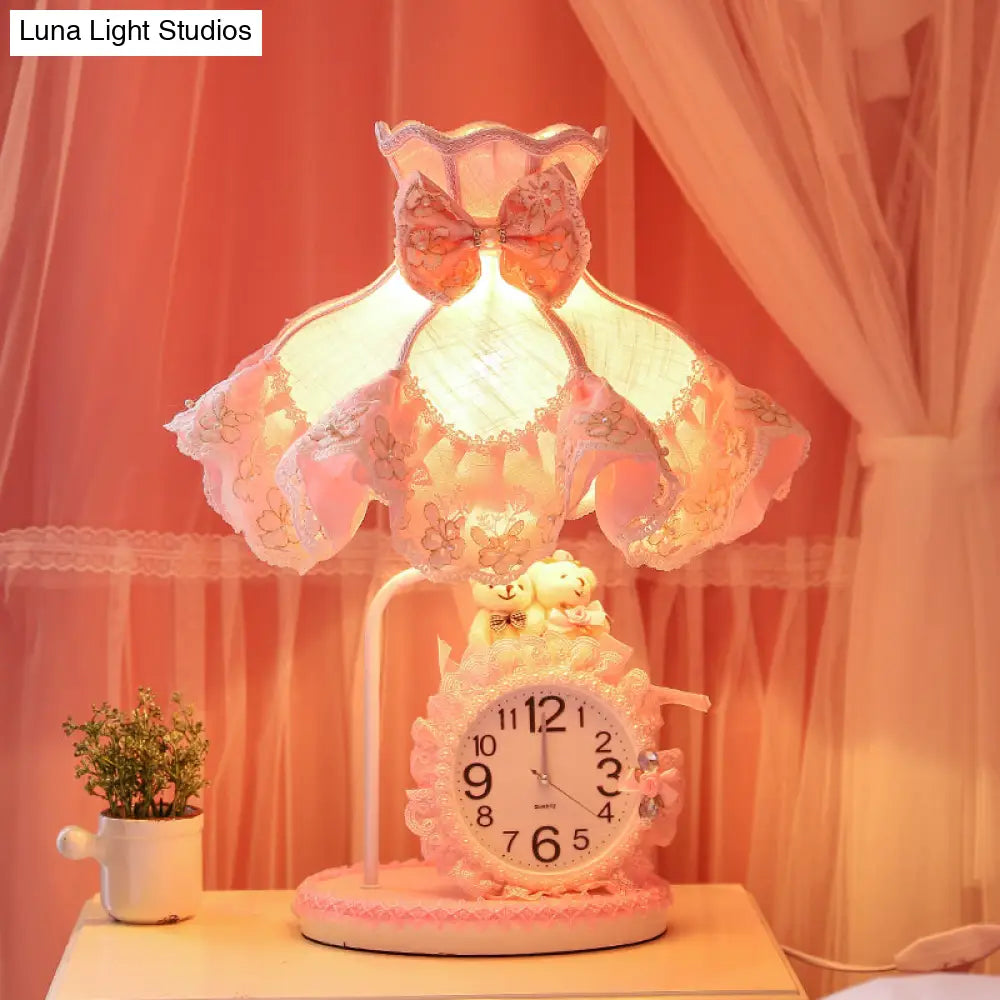 Girls Pink Scalloped Night Light With Clock Design Fabric Nightstand Lamp