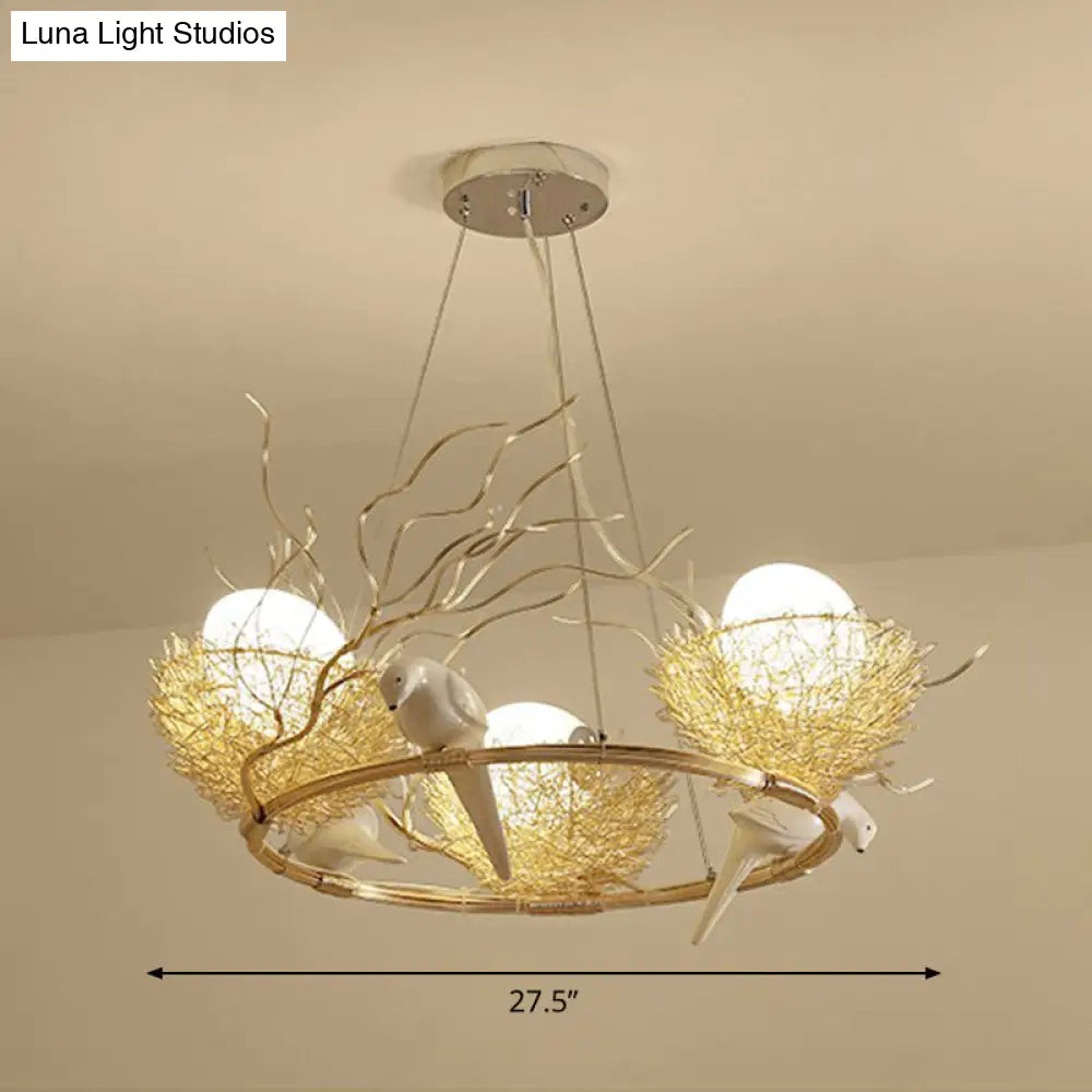 Gold Aluminum Pendant Light With Artistic Bird Nest And Egg Design For Dining Room