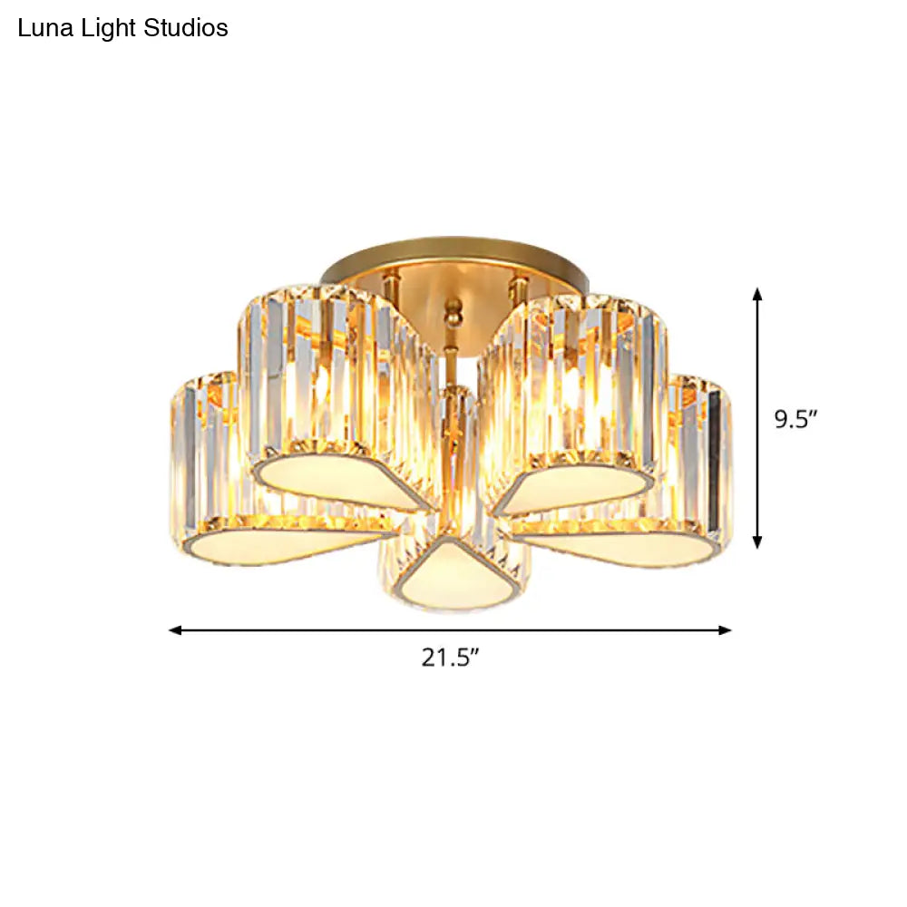 Gold Carved Crystal Semi - Flush Ceiling Lamp With Oval/Teardrop Design And 5 Lights