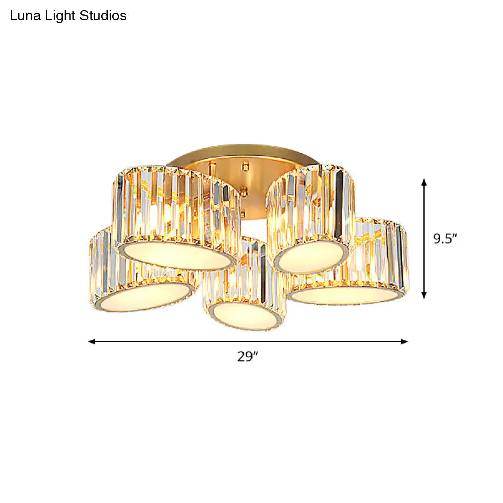 Gold Carved Crystal Semi - Flush Ceiling Lamp With Oval/Teardrop Design And 5 Lights