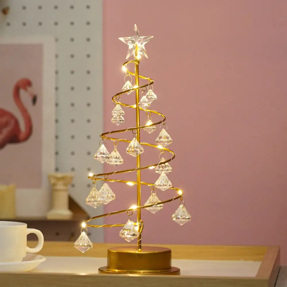 Gold Finish Christmas Tree Led Night Lamp With Acrylic Crystals - Battery Operated Table Light /