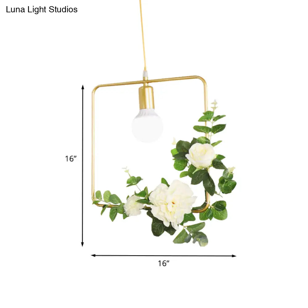 Gold Iron Rectangle/Round Frame Pendant Light With Artificial Bloom Deco - Stylish Suspended