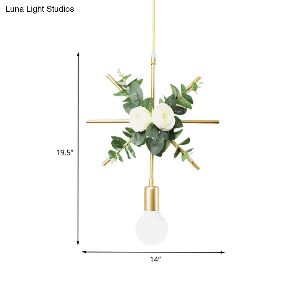 Gold Iron Rectangle/Round Frame Pendant Light With Artificial Bloom Deco - Stylish Suspended
