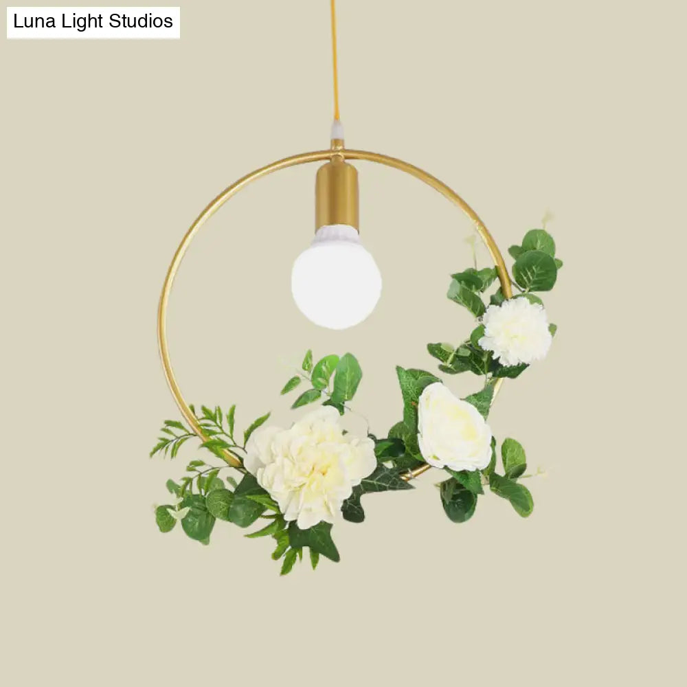 Gold Iron Rectangle/Round Frame Pendant Light With Artificial Bloom Deco - Stylish Suspended